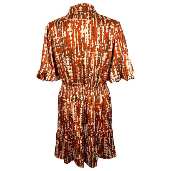 THML Women's Size MED Dress Rust Cream Brown Ruffle Bottom Puff Sleeve - Picture 3 of 14